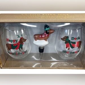 Dachshund Christmas Stemless Wine Glass & Bottle Stopper Gift Set